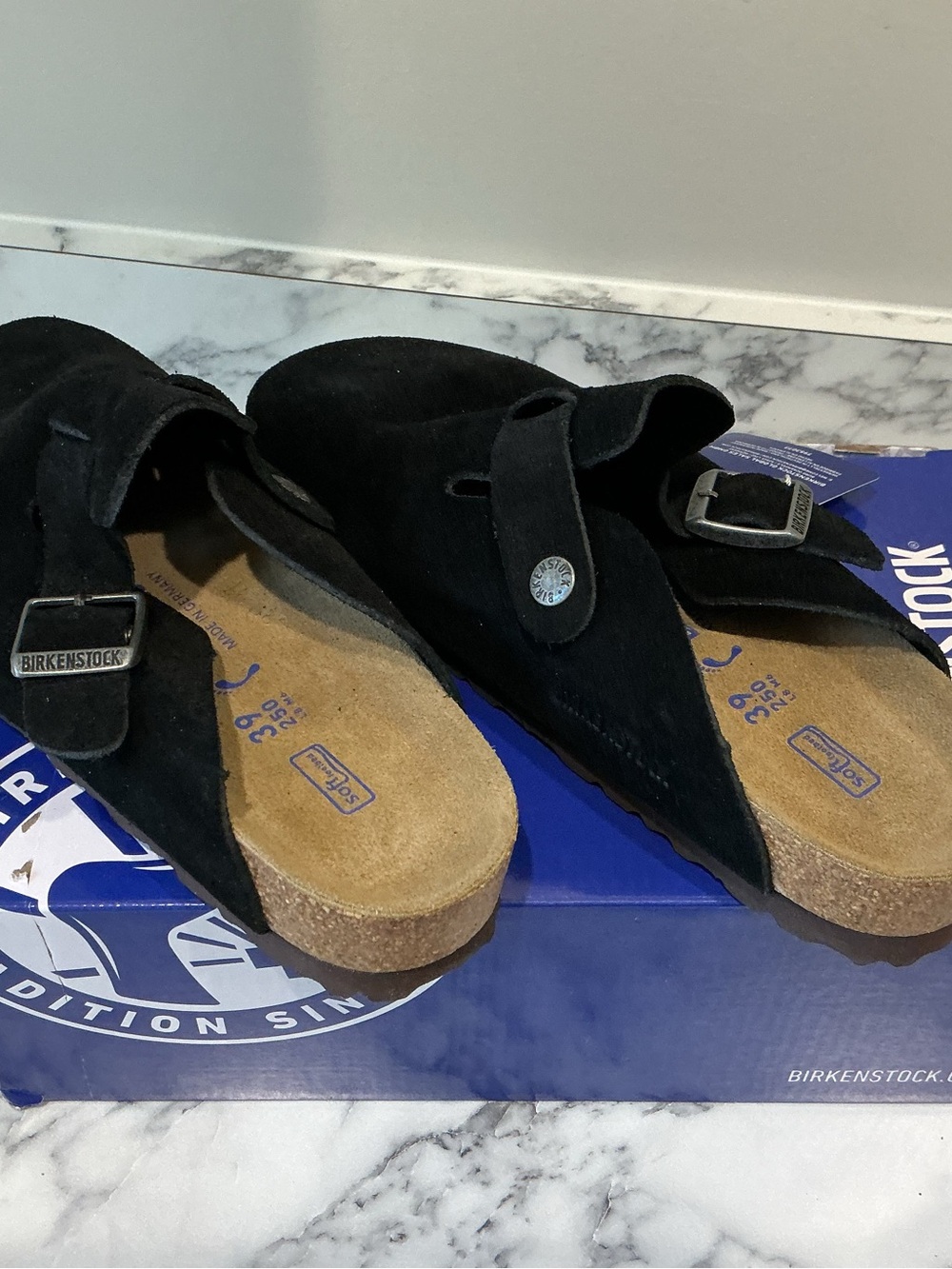 Birkenstock Black Suede Boston Clogs with Silver Buckle - Picture 3 of 5